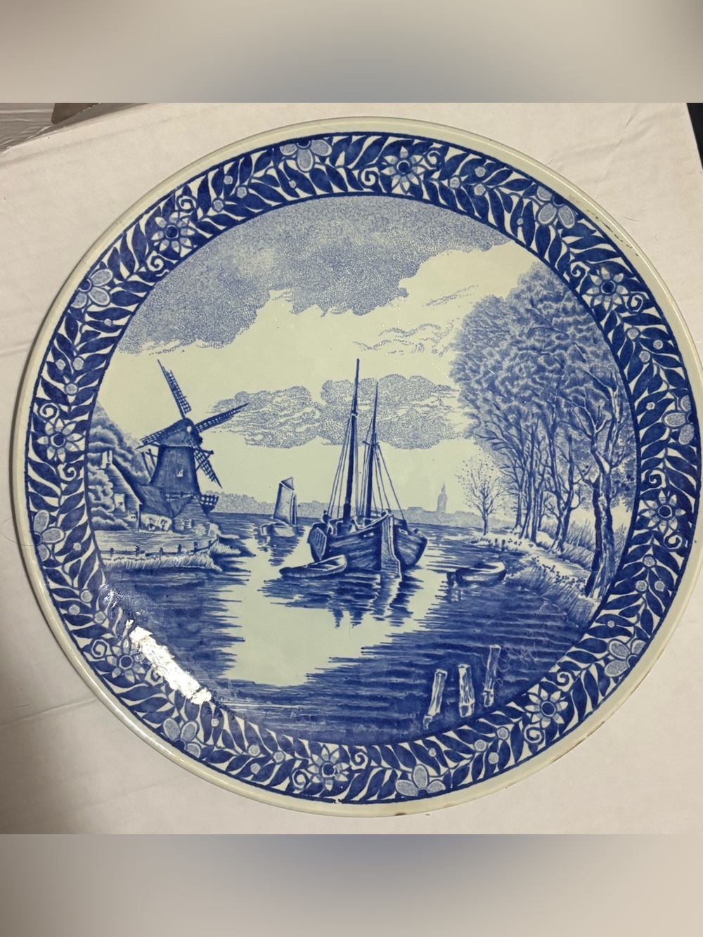 Delft Boch Belgium Louviere Wall Plate Charger Boat Windmill River 11 1/4"